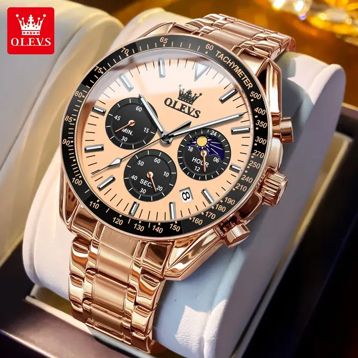 Montre Homme OLEVS 3618 Luxe en Acier Inoxydable Étanche Lumineuse avec Phase de Lune 24 Heures et Chronographe à Quartz – Nouvelle Collection