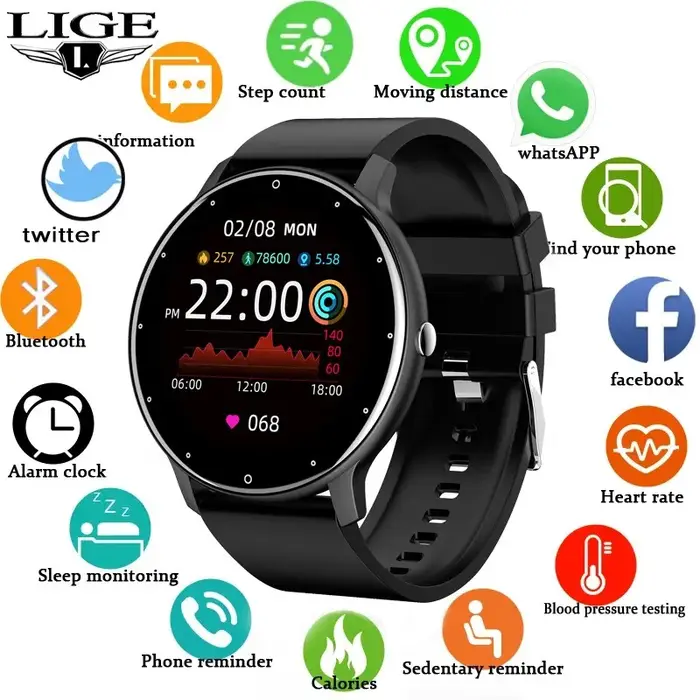 Montre intelligente de sport à écran tactile complet pour hommes et femmes