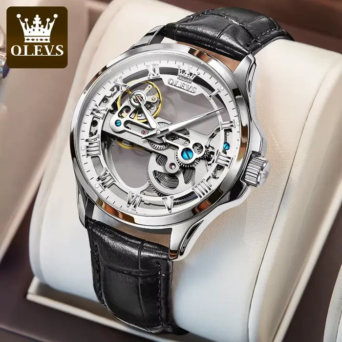 OLEVS 6661 montre homme automatique entièrement creuse bracelet en cuir de mode étanche horloge à main lumineuse montres mécaniques pour hommes