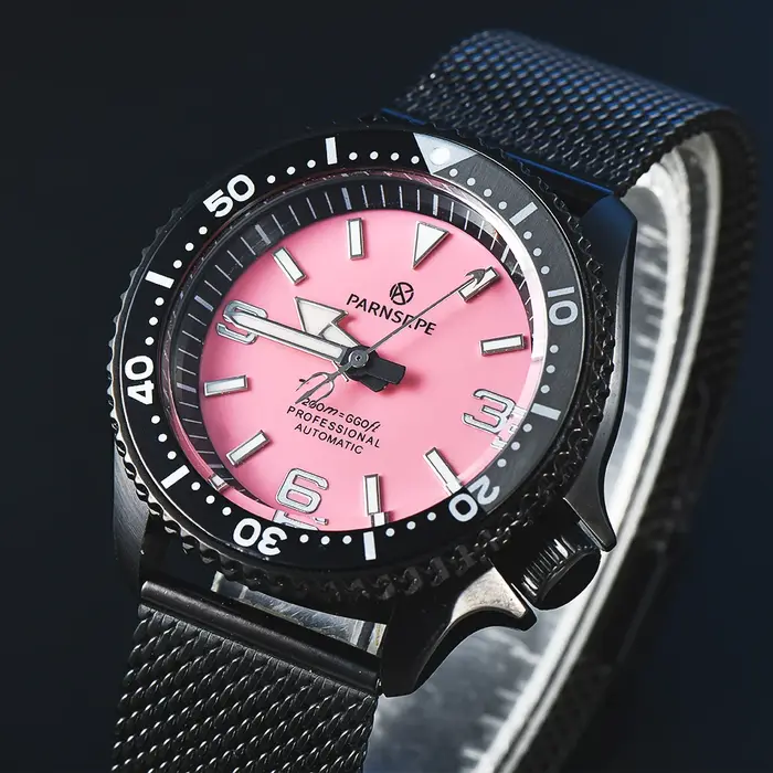 PARNSRPE rose plongeur montre automatique hommes montre japon NH35 mouvement noir montre mécanique verre saphir indicateur de Date