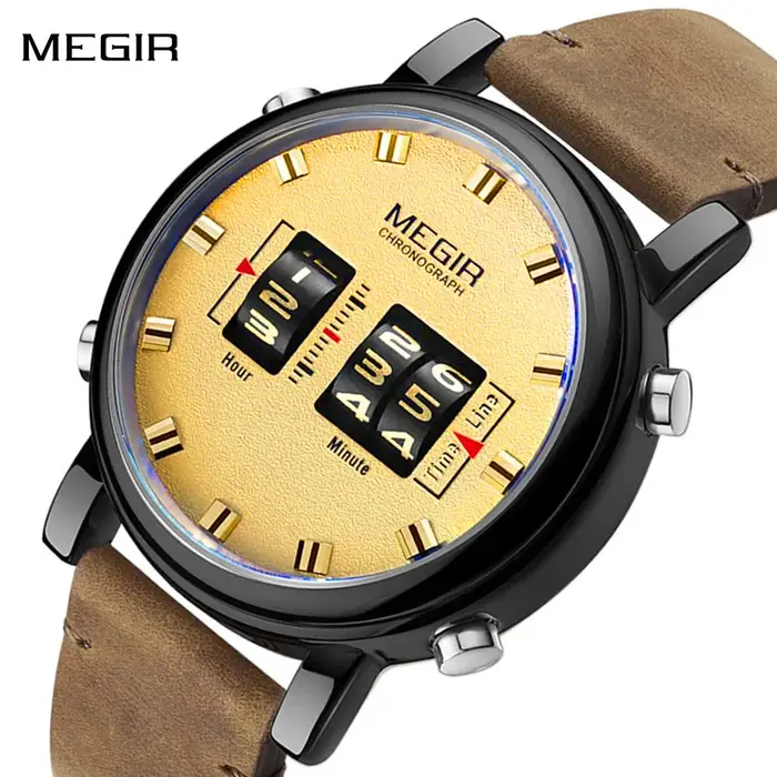 Montre-bracelet numérique MEGIR Roller, cadran numérique, mouvement à quartz, montre de sport pour homme, 3ATM étanche, bracelet en cuir, montres Reloj Hombre