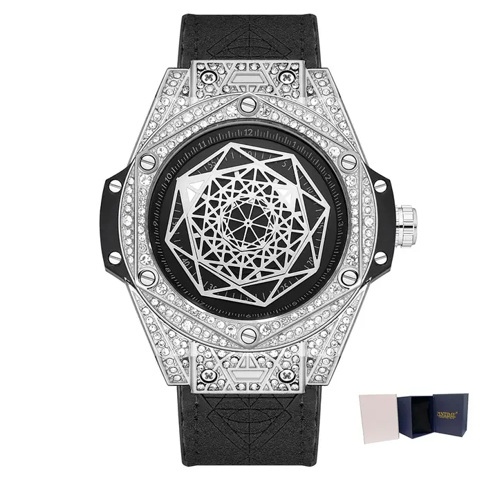 Montre Homme Géométrique de Luxe, Montre à Quartz Diamantée Style Hip Hop Bling, Cadran Hexagonal Cr