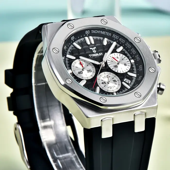 Nouvelle Montre Homme de Luxe TYBERLEY 2026 à Quartz, Chronographe Sportif Lumineux, Étanche, Tendance, Bracelet Silicone à Grille + BOÎTE