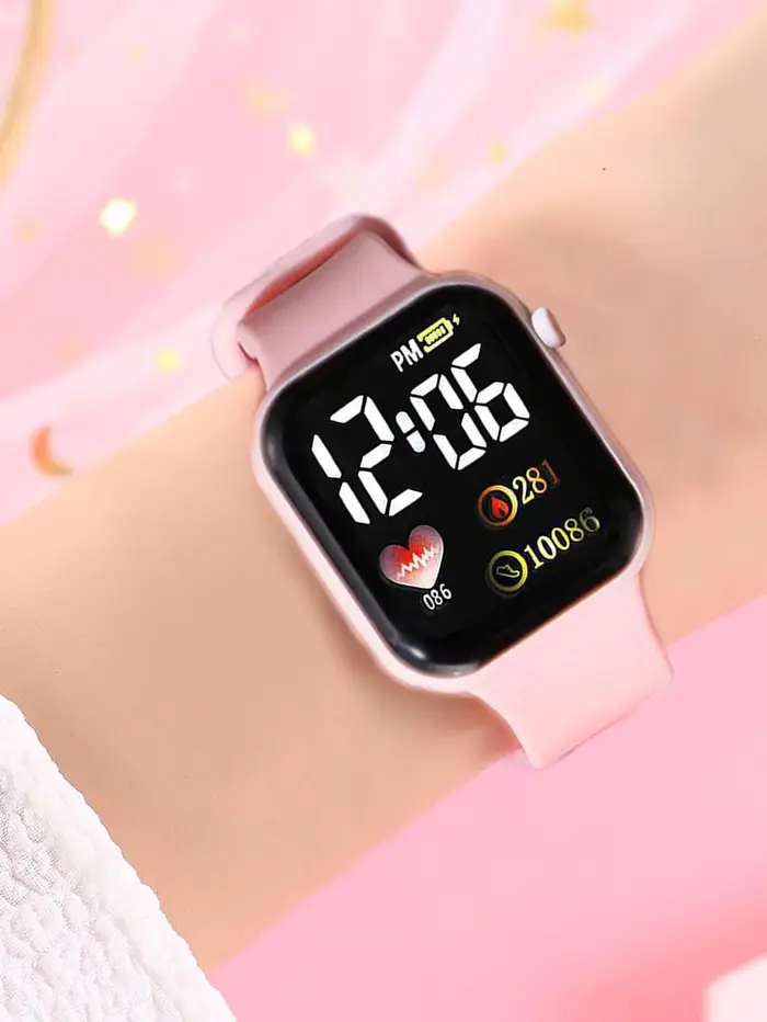 Montre électronique rectangulaire en silicone rose pour femmes