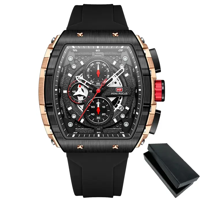 MINI FOCUS chronographe montre à Quartz pour hommes cadran Tonneau montre-bracelet de Sport militaire mâle avec bracelet en Silicone Orange Date automatique