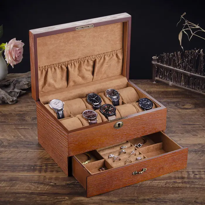 Boîte de montre en bois massif avec anneau de verrouillage
