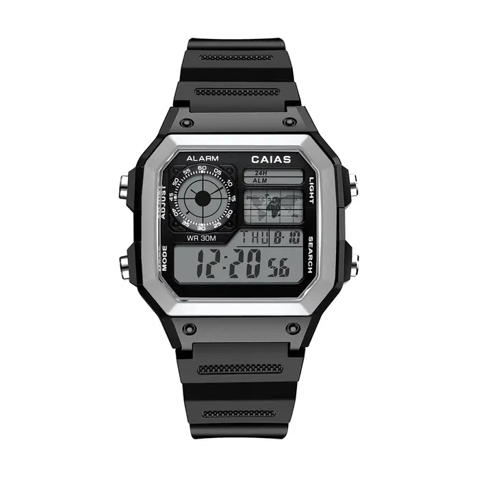 Montre électronique unisexe numérique 1200 Sport, cadran LED carré, heure mondiale, fonction complèt