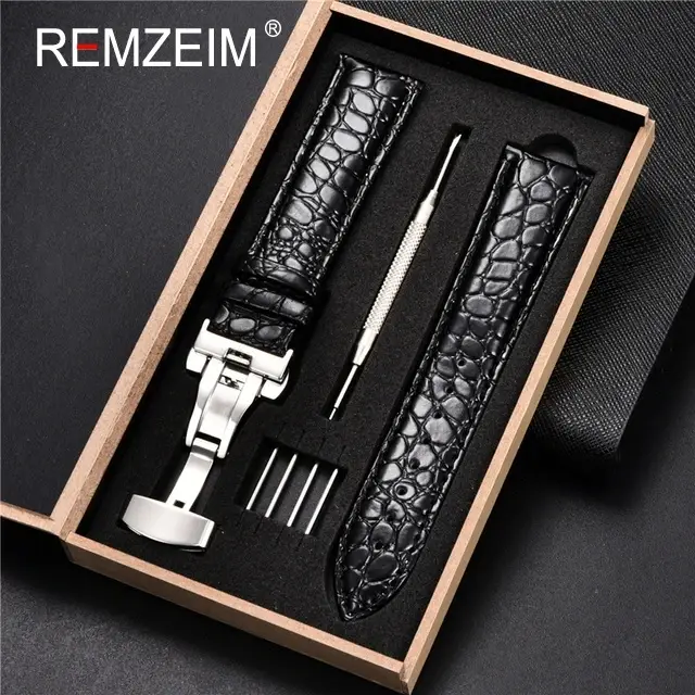 Bracelet de montre en cuir gaufré avec boîte, bracelet de montre, bracelet à fermoir papillon, acces
