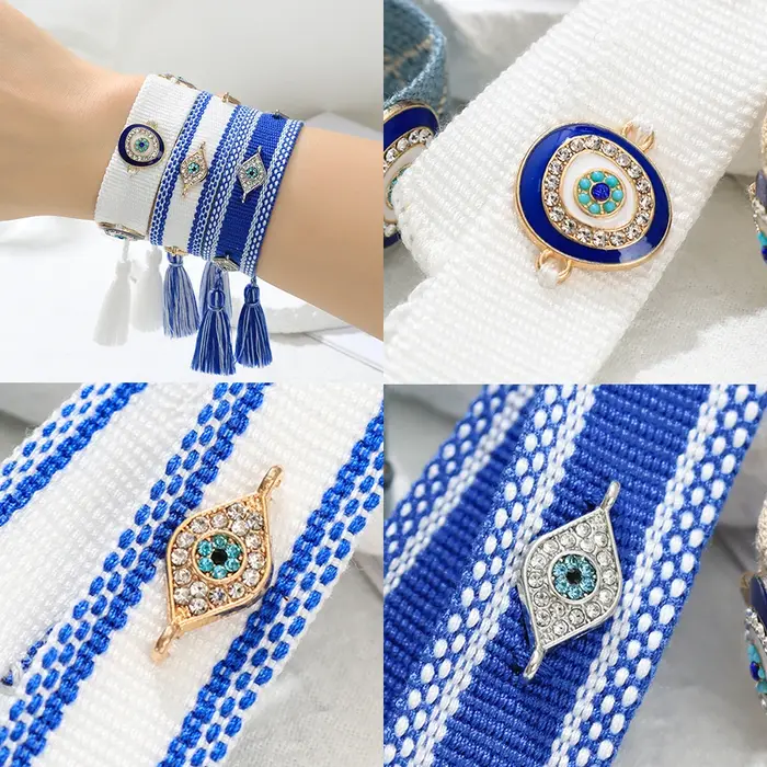 Bracelets tissés mauvais yeux avec breloques, bracelets empilables en tissu
