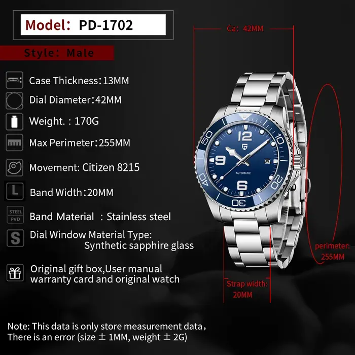 PAGANI DESIGN – montre mécanique automatique pour hommes, mouvement Citizen 8215, verre saphir de 42mm, étanche à 200M, reloj hombr