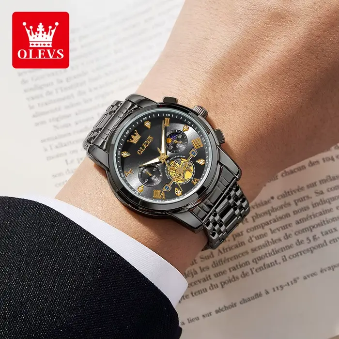 OLEVS montres pour homme phase de lune 30 m étanche mode véritable montre à quartz lumineux en acier inoxydable marque montre-bracelet coffret