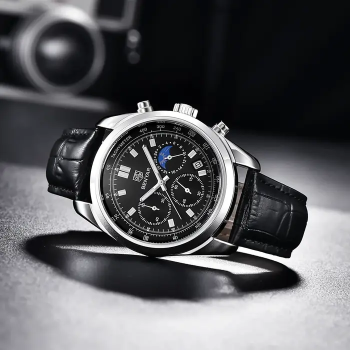 Montre à Quartz pour homme, chronographe de 42mm de diamètre et de 13mm d'épaisseur avec cadran fonctionnel, bracelet en cuir, étanche 50M