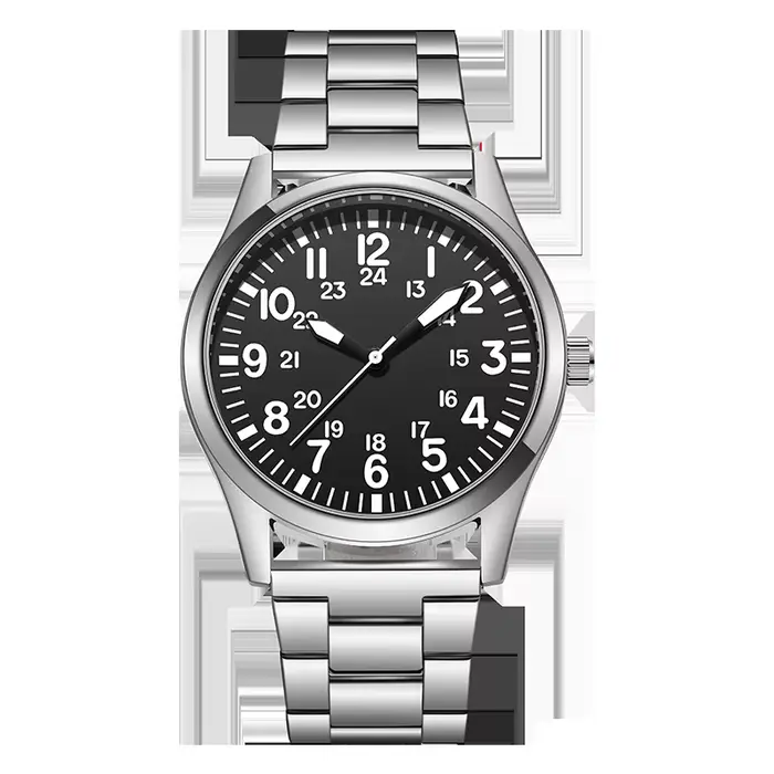 Montre de terrain avec bracelet en acier, lecture facile, mouvement japonais