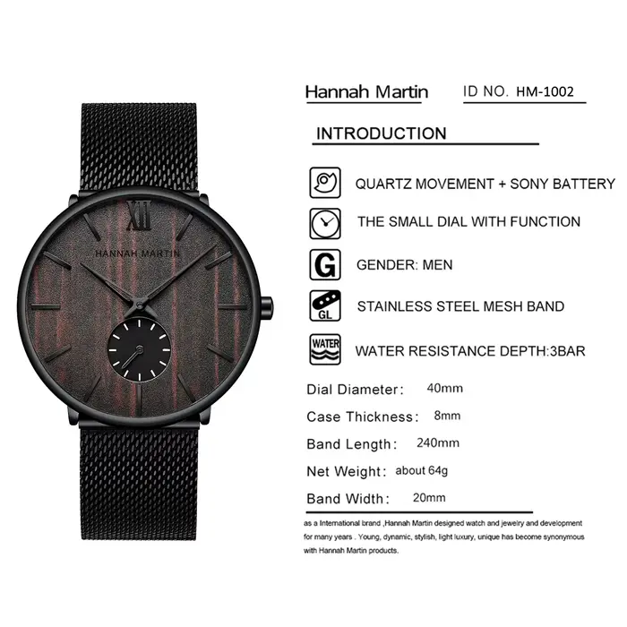 Hannah Martin-Montre-bracelet en acier inoxydable pour homme