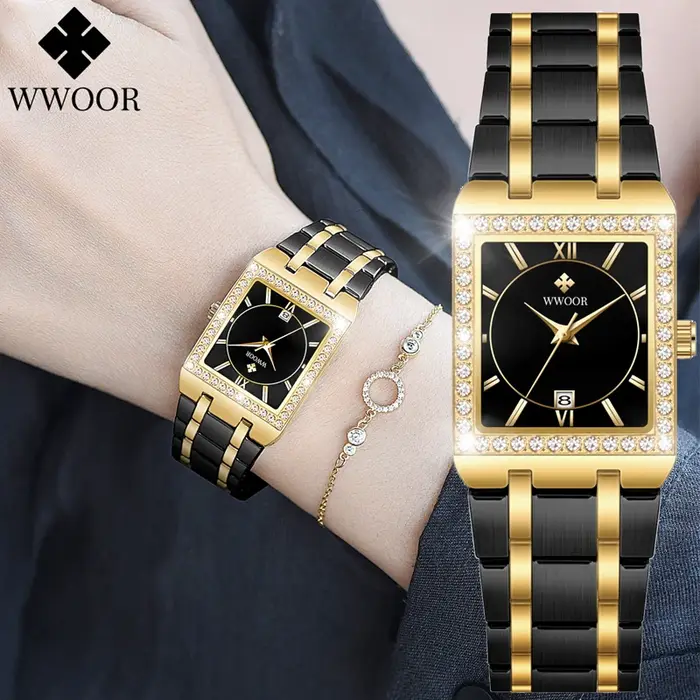WWOOR Reloj nouvelle mode dames diamant montre haut de gamme de luxe carré montre-bracelet Simple femmes robe petite