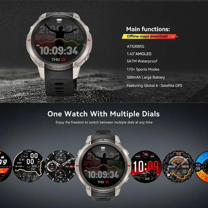 Nouvelle montre connectée GPS VWAR T-Rex 4 2026 avec cartes hors ligne, montre intelligente de sport militaire pour hommes, étanche 50m pour la natation, saphir, altimètre