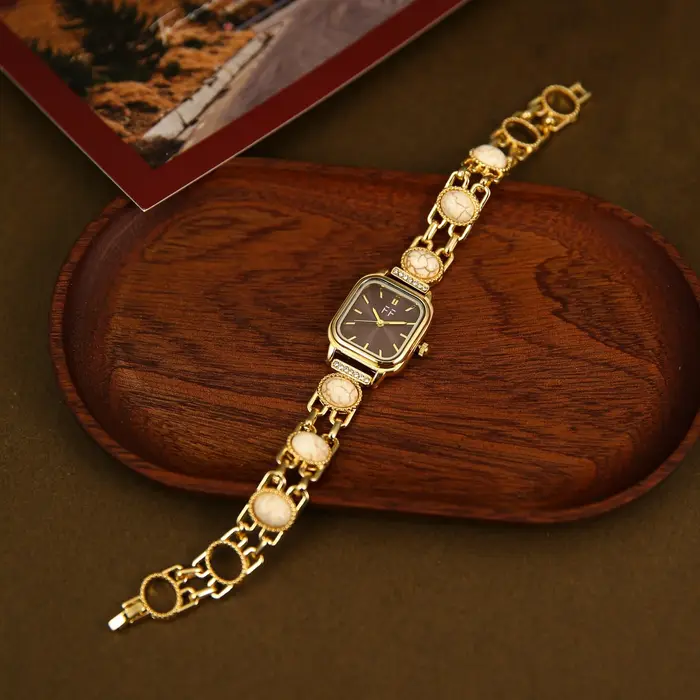 Montres pour femmes tendance avec bracelet incrusté de pierres précieuses turquoise artificielles