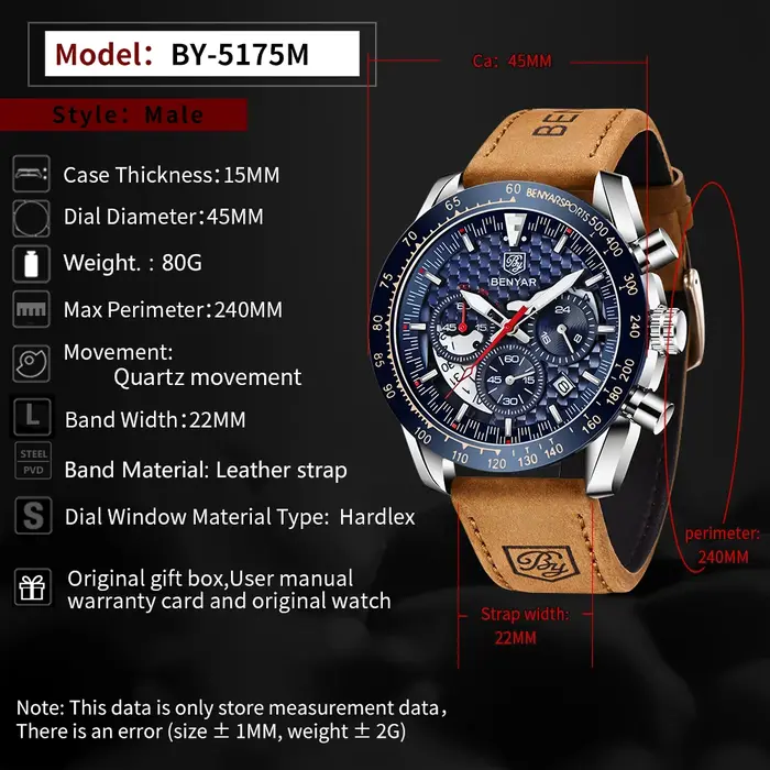 Benyar Design-Montre à quartz en cuir pour homme, chronographe Shoous, marque de sport, mode vintage, étanche à 30m, 45mm