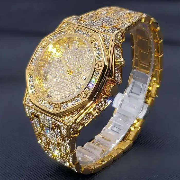 Montres en or pour hommes, montre à quartz pour hommes entièrement sertie de diamants, montre-bracel