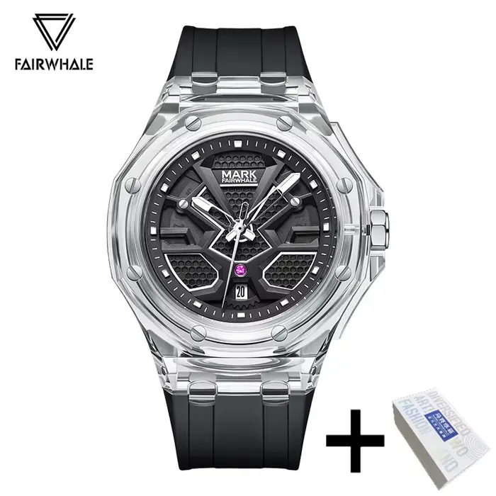 Montre à quartz de luxe pour homme Mark Fairwhale, boîtier transparent tendance, bracelet en caoutch