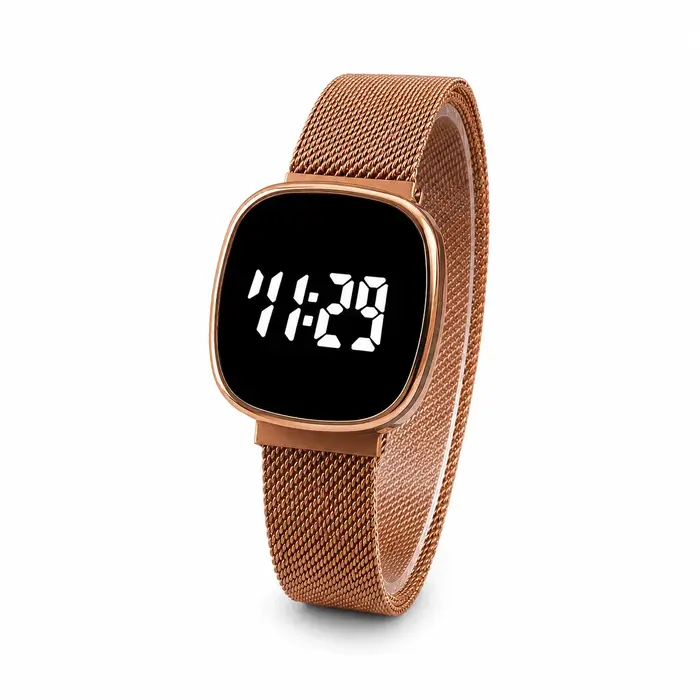 Montre à bracelet en maille métallique avec affichage numérique LED, montre-bracelet électronique carrée arrondie unisexe.