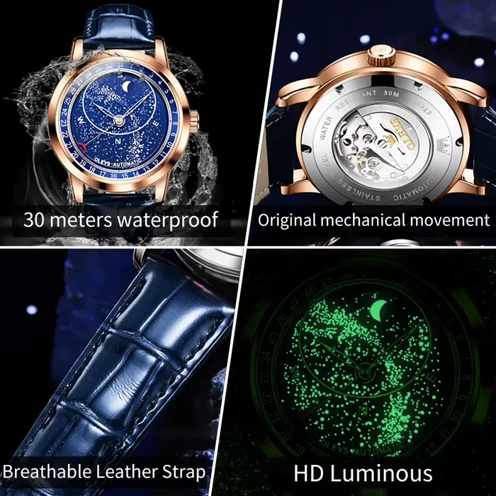 OLEVS 9923 montres mécaniques automatiques de Phase de lune pour homme bracelet en cuir de mode étanche ciel étoilé bleu