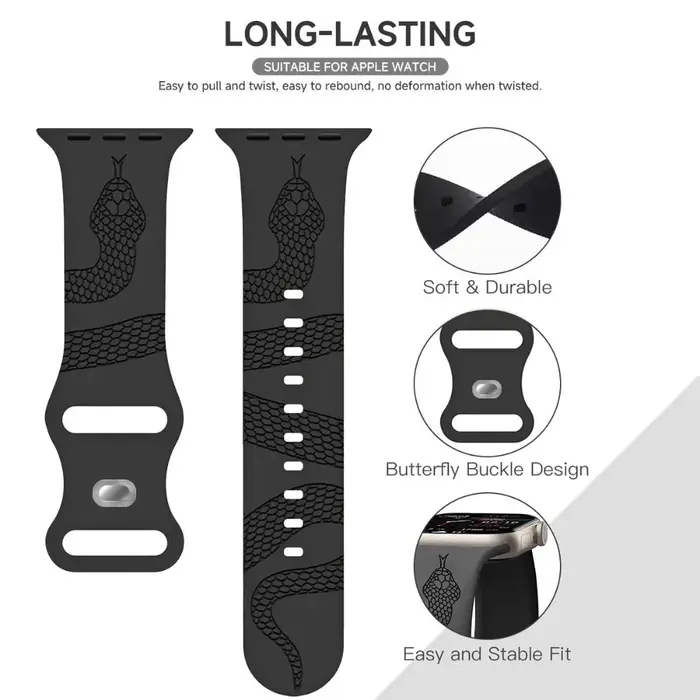 Nouveau bracelet en silicone gravé motif serpent pour Apple Watch 44mm 42 46 38 49 40 41 45mm