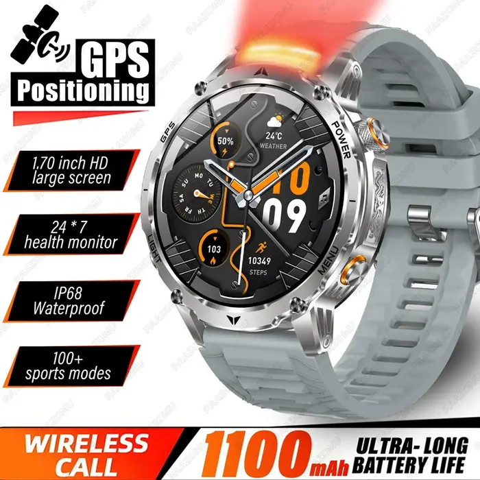 Montre connectée militaire GPS pour hommes, batterie de grande capacité 1100mAh, lampe de poche + boussole SOS, appel Bluetooth, montres de sport étanches 10ATM