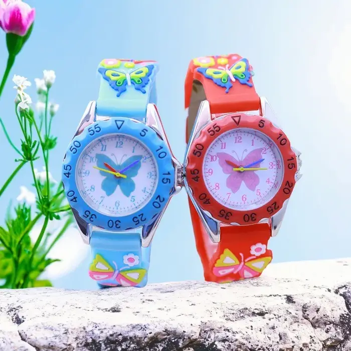 Enfants garçon fille apprendre le temps montres à quartz numériques élève de l'école primaire mignon rose papillon