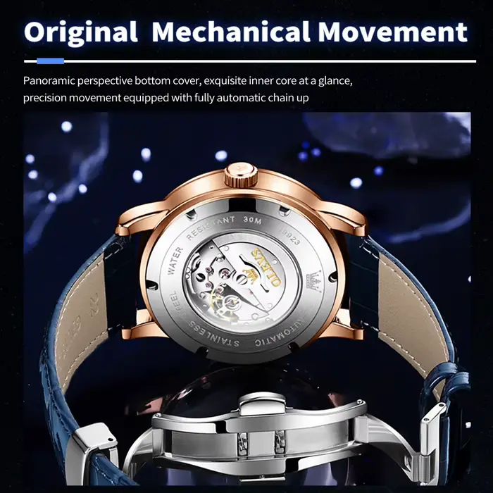 OLEVS 9923 montres mécaniques automatiques de Phase de lune pour homme bracelet en cuir de mode étanche ciel étoilé bleu