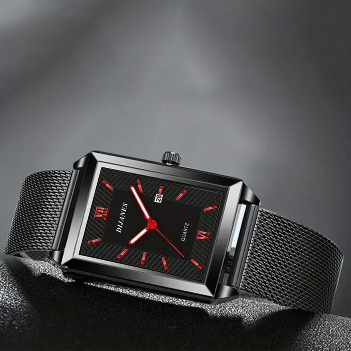 Montre-bracelet à quartz rectangulaire en acier inoxydable pour hommes