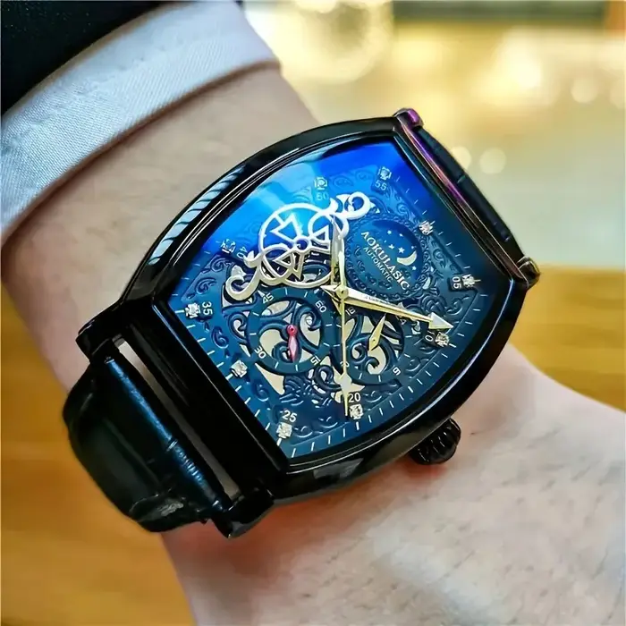 Montre mécanique automatique élégante pour homme avec tourbillon - Montre de luxe pour homme avec design squelette, bracelet en similicuir, style business casual, cadran en forme de baril - le cadeau 