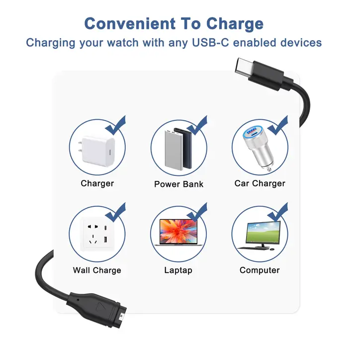 Câble de chargeur de montre de Type C pour Garmin Venu2/VenuSq2/3/3S Fenix 5/6/7 Vivoactive4/4S/3