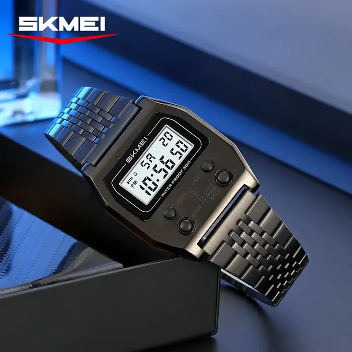 SKMEI 2460 hommes montres en acier inoxydable Sport luxe rétro LED électronique étanche montre numérique