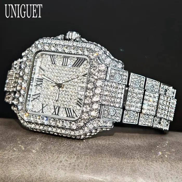 UNIGUET offre spéciale montre glacée de luxe pour homme mode montres carrées hommes Hip Hop diamant Bling bijoux montre-bracelet Reloj Hombre