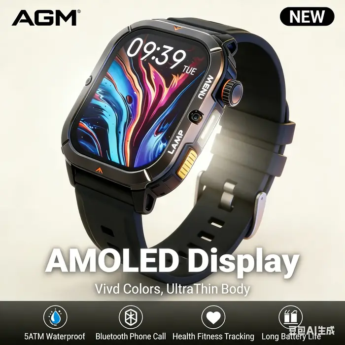 Montre connectée AGM Watch Legion 3 W3 IP68 5ATM étanche, écran AMOLED 1,952 pouces, moniteur de fré