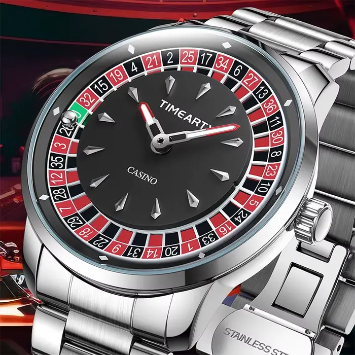 Montre pour homme TIMEARTX, nouveau design de roulette européenne, jeu de poker, mouvement à quartz, acier inoxydable, montre-bracelet, cadeaux pour la fête des pères