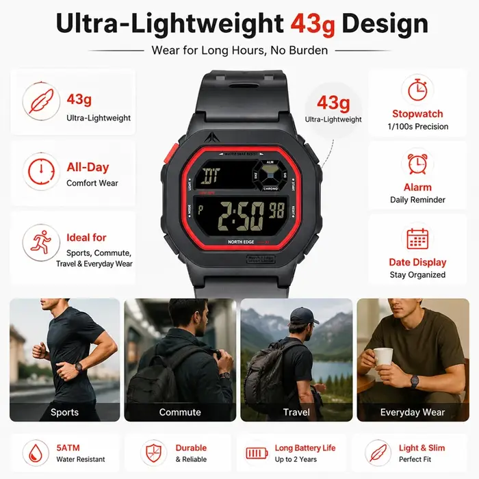 Montre numérique à écran carré NORTH EDGE X1 2026 pour hommes et femmes