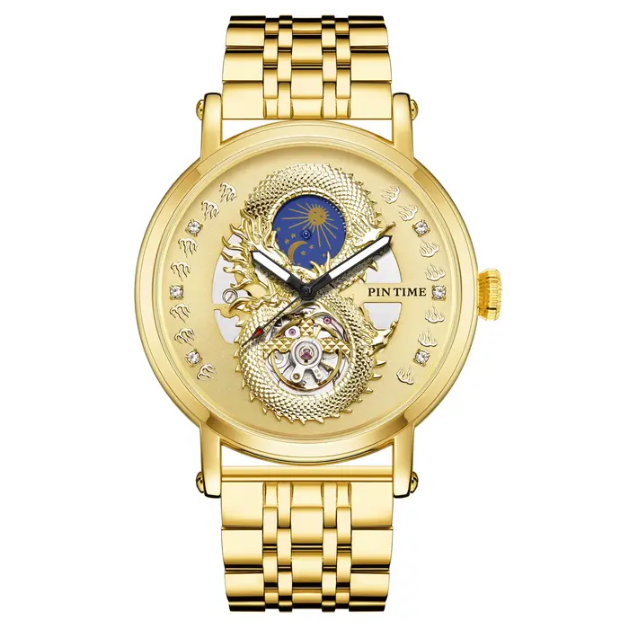 Montre Dragon Doré pour homme, montre mécanique automatique classique à tourbillon, sertie de diaman