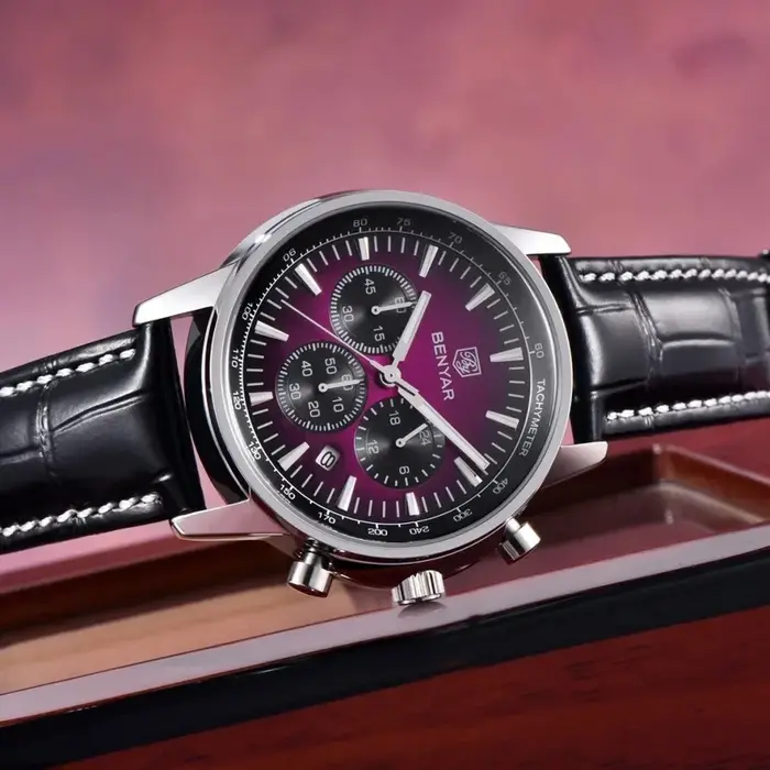 Benyar 2026 Nouvelles montres de luxe pour hommes, chronographe avec date, montre en cuir pour homme, étanche, lumineuse, montre sport militaire à quartz pour hommes