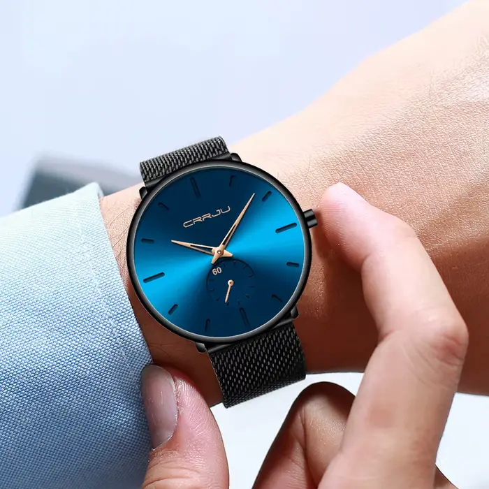 CRRJU mode bleu hommes montre haut de gamme marque minimaliste Ultra-mince