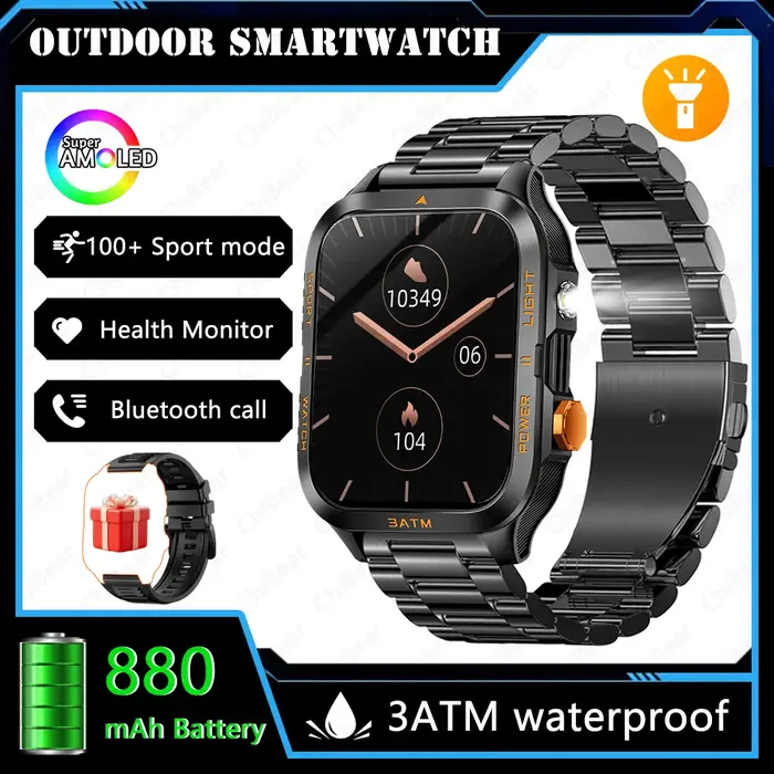 Montre connectée d'extérieur pour hommes, GPS, sport, batterie 800mAh, Bluetooth, appel, santé, écran 1.96 pouces, lampe de poche, étanche 3ATM