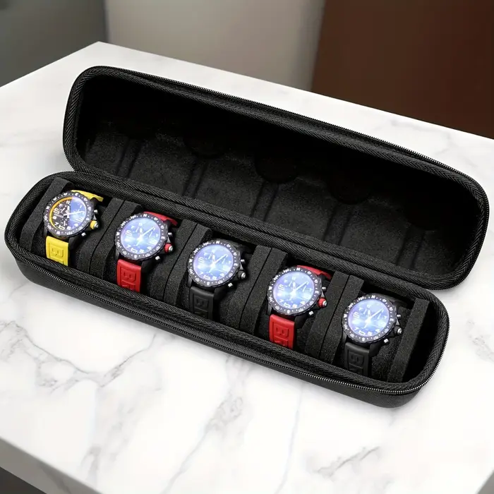 Organisateur de montres à 5 compartiments en coque rigide - Étui de voyage portable avec doublure en mousse