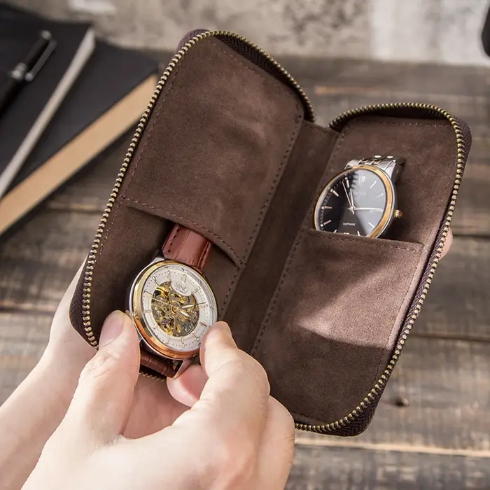 Boîte de montre en cuir rustique à 2 fentes