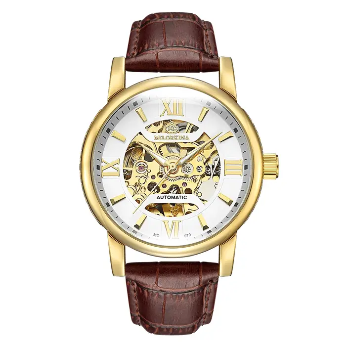 Montres mécaniques squelette dorées ORKINA pour hommes, marque de luxe, bracelet en cuir marron, Rel