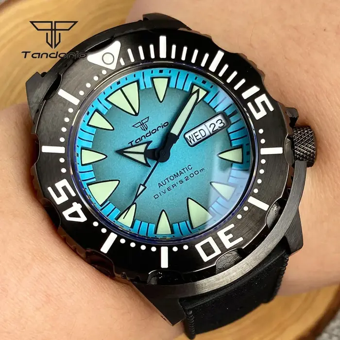 Tandorio-Montre existent pour Homme, Montre-Bracelet Mécanique, NH36, Monster 20Bar, Sweat-Shirt Noir, Double Date, Saphir Clip, 42mm