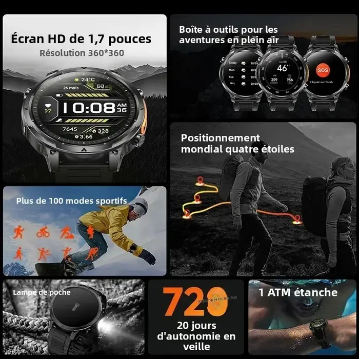 2026 GPS Smartwatch pour hommes 1.7 HD écran militaire montre intelligente IP68 étanche lampe de poche 100 Modes de Sport 720mAh grande batterie