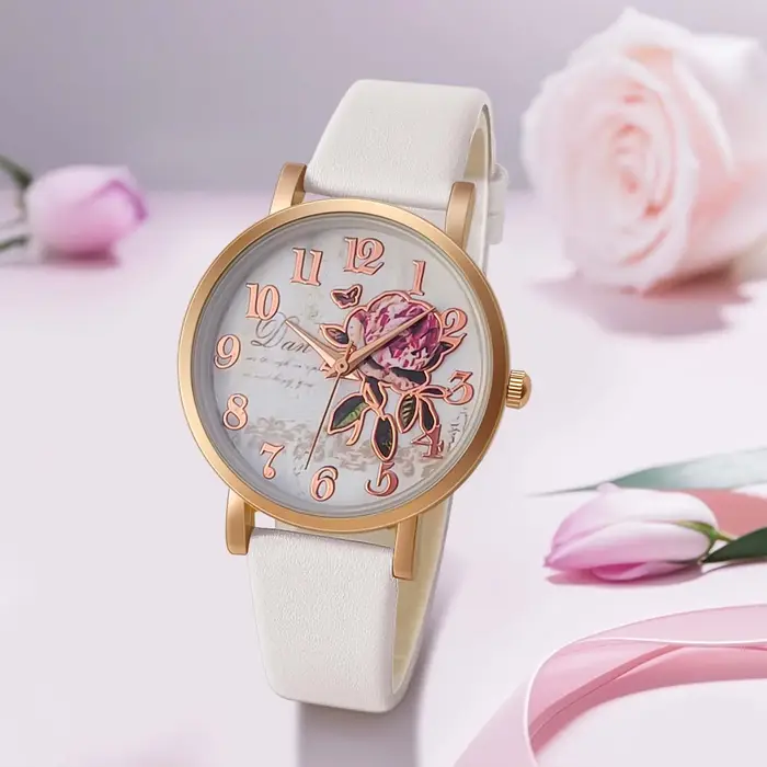 Nouveau Style de mode décontracté de luxe femmes cadran pivoine en cuir PU montre à Quartz élégant populaire polyvalent montre-bracelet cadeaux de vacances présent