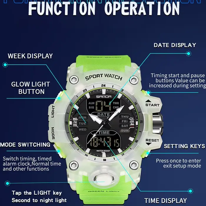 SANDA double affichage hommes montres étanche montre de sport militaire homme alarme chronomètre Quartz montre-bracelet mâle LED horloge numérique 6126