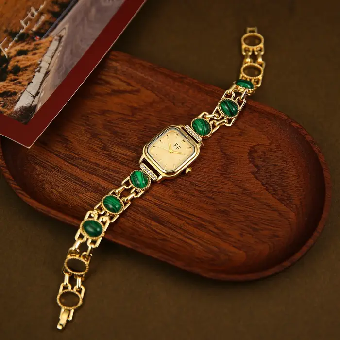 Montres pour femmes tendance avec bracelet incrusté de pierres précieuses turquoise artificielles